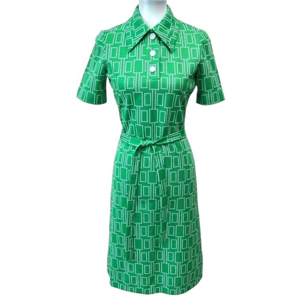 Vintage Mid Century Mod MCM Green Geometric Retro Butterfly Collar Sheath Dress